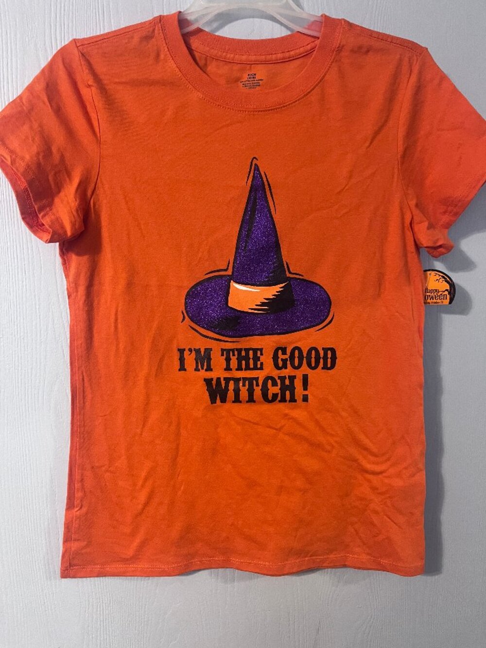 New Halloween Orange Women's Shirt I'm The Good Witch w Glittery Purple Hat